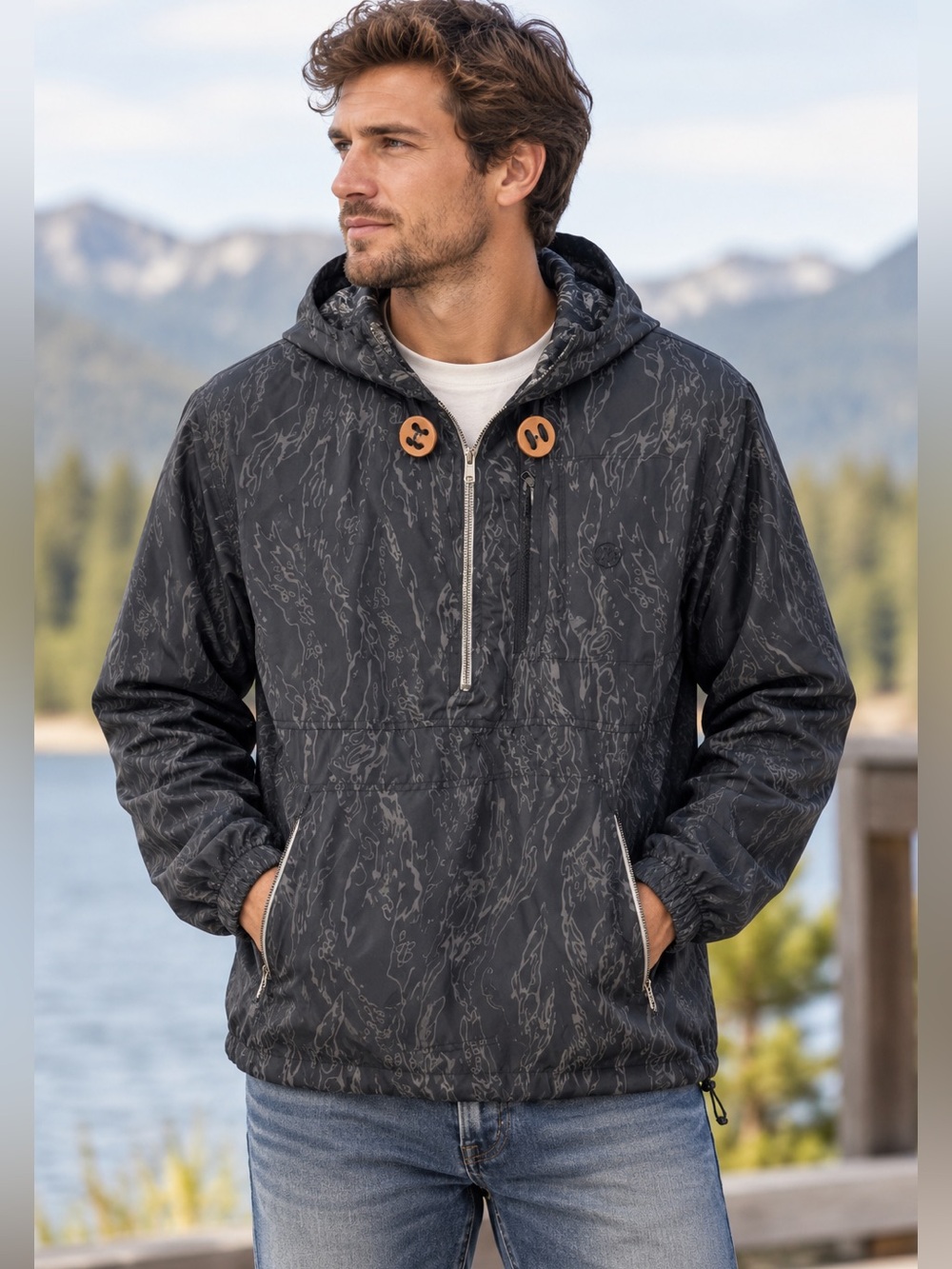 10.Deep‎ Rare Pullover Rain Jacket  Black Camo Print Hooded Half-Zip Men’s XL